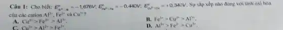 Câu 1: Cho biết: E_(A^3+1/A)^0=-1,676V;E_(Fe^3+1/Fe)^0=-0,440V;E_(Cl^3+1/2)^0=+0,340V
Sự sắp xếp nào đùng với tính oxi hóa
của các cation Al^3+,Fe^2+ và Cu^2+
A Cu^2+gt Fe^2+gt Al^3+
B. Fe^2+gt Cu^2+gt Al^3+
Cu^2+gt Al^3+gt Fe^2+
D. Al^3+gt Fe^2+gt Cu^2+