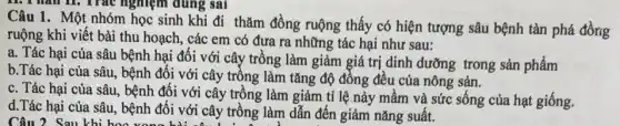 Câu 1. Một nhóm học sinh khi đi thǎm đồng ruộng thấy có hiện tượng sâu bệnh tàn phá đồng
nghiệm đúng sai
ruộng khi viết bài thu hoạch, các em có đưa ra những tác hại như sau:
a. Tác hại của sâu bệnh hại đối với cây trồng làm giảm giá trị dinh dưỡng trong sản phẩm
b.Tác hại của sâu, bệnh đối với cây trồng làm tǎng độ đồng đều của nông sản.
c. Tác hại của sâu, bệnh đối với cây trồng làm giảm tỉ lệ nảy mầm và sức sống của hạt giống.
d.Tác hại của sâu, bệnh đối với cây trồng làm dẫn đến giảm nǎng suất.
Câu 2. Sau khi