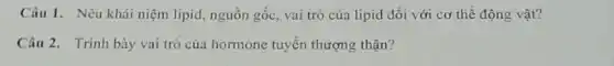 Câu 1. Nêu khái niệm lipid, nguồn gốc.vai trò của lipid đối với cơ thể động vật?
Câu 2. Trình bày vai trò của hormone tuyến thượng thận?