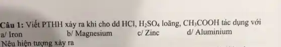 Câu 1: Viết PTHH xảy ra khi cho dd HCl, H_(2)SO_(4) loãng, CH_(3)COOH tác dụng với
a/Iron
b/ Magnesium
c/Zinc
d/ Aluminium
Nêu hiện tượng xảy ra