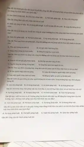 Câu 10: Khi tham gia vào các quan hệ xã hội, công dân đều xử sự phù hợp với quy định của pháp luật là
nội dung của khái niệm nào dưới đây?
A. Ban hành pháp luật. B. Giáo dục pháp luật. C. Phổ biến pháp luật. D. Thực hiện Pháp luật.
Câu 11: Công dân tuân thủ pháp luật khi từ chối
A. nhận xét ứng cử viên. B. sử dụng giấy tờ giả.C. hỗ trợ cấp đối cǎn cướC. D.cung cấp thông tin cả
nhân.
Câu 12: ChịQ sử dụng via hè đế bán hàng ǎn sáng là không thực hiện pháp luật theo hình thức nào dưới
đây?
A. Tuân thủ pháp luật. B. Thi hành pháp luật. C. Áp dụng pháp luật. D.Sử dụng pháp luật.
Câu 13: Theo quy định của pháp luật,công dân không tuân thủ pháp luật khi thực hiện hành vi nào sau
đây?
A. Tiếp cận thông tin kinh tế.
B. Làm giả nhǎn hiệu hàng hóa.
C. Đǎng nhập thông tin trực tuyến.
D. Đǎng ký nhập học trước tuổi.
Câu 14: Theo quy định của pháp luật,công dân không tuân thủ pháp luật khi thực hiện hành vi nào sau
đây?
A. Hợp tác để làm giả giấy khám bệnh.
B. Độc lập lựa chọn ứng cử viên.
C. Ung hộ công tác phòng chống dịch.
D. Công khai danh tính người tố cáo.
Câu 15: Theo quy định của pháp luật,công dân tuân thủ pháp luật khi thực hiện hành vi nào sau đây?
A. Tố cáo người nhập cảnh trái phép.
B. Cung cấp thông tin người nhập cảnh trái phép.
C. Giao nộp người nhập cảnh trái phép.
D. Đǎng ký nghĩa vụ quân sự khi đến tuổi.
Câu 16: Cảnh sát giao thông xử phạt người không đội mũ bảo hiểm. Trong trường hợp này, cảnh sát giao
thông đã
A. tuân thủ pháp luật. B. sử dụng pháp luật. C. thi hành pháp luật. D áp dụng pháp luật.
Câu 17: Hình thức thực hiện pháp luật nào dưới đây có chủ thể thực hiện khác với các hình thức còn lại?
A. Áp dụng pháp luật. B. Sử dụng pháp luật. C.Thi hành pháp luật. D Tuân thủ pháp luật.
Câu 18: Bạn L viết bài chia sẻ về lí tưởng sống của thanh niên hiện nay để đǎng lên trang Web của nhà
trường. Bạn L đã thực hiện pháp luật theo hình thức nào sau đây?
A. Tuân thủ pháp luật. B. Thi hành pháp luật. C. Áp dụng pháp luật. D. Sử dụng pháp luật.
Câu 19: ủy ban nhân dân xã X cấp giấy chứng nhận đǎng kí kết hôn cho anh A và chị B là thực hiện pháp
luật theo hình thức nào dưới đây?
A. Áp dụng pháp luật. B. Phổ biến pháp luật. C. Tuân thủ pháp luật. D. Giáo dục pháp luật
Câu 20: Công dân thi hành pháp luật khí