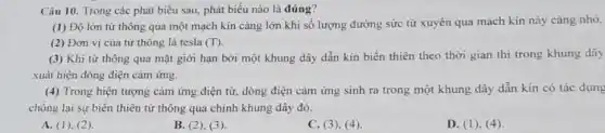 Câu 10. Trong các phát biểu sau, phát biểu nào là đúng?
(1) Độ lớn từ thông qua một mạch kín càng lớn khi số lượng đường sức từ xuyên qua mạch kín này càng nhỏ.
(2) Đơn vị của từ thông là tesla (T)
(3) Khi từ thông qua mặt giới hạn bởi một khung dây dẫn kín biến thiên theo thời gian thì trong khung dây
xuất hiện dòng điện cảm ứng.
(4) Trong hiện tượng cảm ứng điện từ.dòng điện cảm ứng sinh ra trong một khung dây dẫn kín có tác dụng
chống lại sự biến thiên từ thông qua chính khung dây đó.
A. (1), (2)
B. (2), (3)
C. (3), (4).
D. (1), (4)