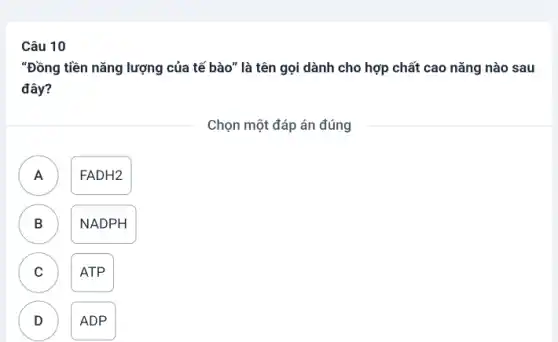 Câu 10
"Đồng tiền nǎng lượng của tế bào" là tên gọi dành cho hợp chất cao nǎng nào sau
đây?
Chọn một đáp án đúng
A )
FADH2
B D
NADPH
C v
ATP
D )
ADP