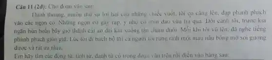 Câu 11 (2đ):Cho đoạn vǎn Sau:
Thinh thoàng.muốn thứ sự lợi hai của những chiếc vuốt. tôi co cǎng lên, đạp phanh phách
vào các ngọn cỏ. Những ngọn có gãy rạp. y như có nhát dao vừa lia qua. Đôi cánh tôi, trước kia
ngắn hủn hoǎn bây giờ thành cái áo dài kín xuống tận chấm duôi. Mỗi khi tôi vũ lên.dã nghe tiếng
phành phạch giòn giã. Lúc tôi đi bách bộ thì cả người tôi rung rinh một màu nâu bóng mỡ soi gương
được và rất ưa nhin.
Em hãy tìm các động từ, tính từ.danh từ có trong doan vǎn trên rồi điền vào bảng sau: