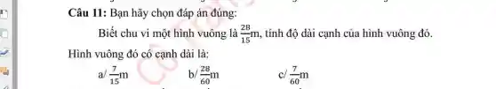 Câu 11: Bạn hãy chọn đáp án đúng:
Biết chu vi một hình vuông là (28)/(15)m , tính độ dài cạnh của hình vuông đó.
Hình vuông đó có cạnh dài là:
a/ (7)/(15)m
b (28)/(60)m
c/ (7)/(60)m