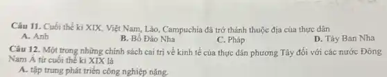 Câu 11. Cuối thế ki XIX, Việt Nam , Lảo, Campuchía đã trở thành thuộc địa của thực dân
A. Anh
B. Bổ Đảo Nha
C. Pháp
D. Tây Ban Nha
Câu 12. Một trong những chính sách cai trị về kinh tế của thực dân phương Tây đối với các nước Đông
Nam Á từ cuối thế kỉ XIX là
A. tập trung phát triển công nghiệp nặng.