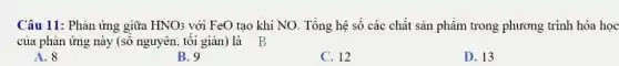 Câu 11: Phản ứng giữa HNO_(3) với FeO tạo khi NO. Tổng hệ số các chất sản phẩm trong phương trình hóa học
của phản ứng này (số nguyên, tối giản)là B
A. 8
B. 9
C. 12
D. 13