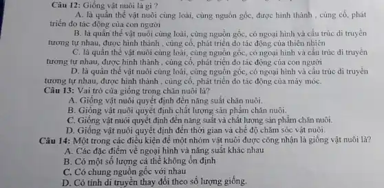 Câu 12: Giống vật nuôi là gì?
A. là quần thể vật nuôi cùng loài,cùng nguồn gốc, được hình thành , củng cố phát
triển do tác động của con người
B. là quần thể vật nuôi cùng loài., cùng nguồn gốc, có ngoại hình và cấu trúc di truyền
tương tự nhau, được hình thành , củng cô phát triển do tác động của thiên nhiên
C. là quân thể vật nuôi cùng loài,cùng nguôn gốc, có ngoại hình và cấu trúc di truyền
tương tự nhau, được hình thành , củng cô , phát triên do tác động của con người
tương tự nhau, được hình thành , củng cô , phát triển do tác động của máy móC.
Câu 13: Vai trò của giông trong chǎn nuôi là?
A. Giông vật nuôi quyết định đến nǎng suất chǎn nuôi.
B. Giống vật nuôi quyết định chất lượng sản phẩm chǎn nuôi.
C. Giông vật nuôi quyết định đến nǎng suất và chất lượng sản phẩm chǎn nuôi.
D. Giông vật nuôi quyết định đến thời gian và chế độ chǎm sóc vật nuôi.
Câu 14: Một trong các điều kiện đề một nhóm vật nuôi được công nhận là giống vật nuôi là?
A. Các đặc điểm vê ngoại hình và nǎng suất khác nhau
B. Có một sô lượng cá thể không ổn định
C. Có chung nguôn gốc với nhau
D. Có tính di truyền thay đổi theo số lượng giống.