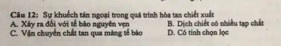 Câu 12: Sự khuếch tán ngoại trong quá trình hòa tan chiết xuất
A. Xày ra đối với tế bào nguyên vẹn
B. Dịch chiết có nhiều tạp chất
C. Vận chuyển chất tan qua màng tế bào
D. Có tính chọn lọc