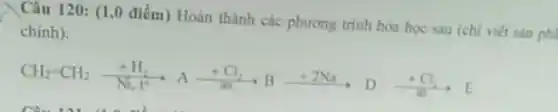 Câu 120: (1,0 điểm) Hoàn thành các phương trinh hóa học sau (chi viết sản ph
chinh):
CH_(2)=CH_(2)xrightarrow [+1](+H_(2))^+Hxrightarrow (as)arrow xrightarrow (+2Na)Dxrightarrow (+infty )Exrightarrow (as)arrow