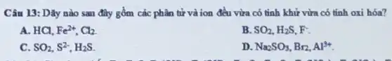 Câu 13: Dãy nào sau đây gồm các phân tử và ion đều vừa có tinh khử vừa có tính oxi hóa?
A. HCl. Fe^2+,Cl_(2)
B. SO_(2),H_(2)S F
c SO_(2),S^2-,H_(2)S
D. Na_(2)SO_(3),Br_(2),Al^3+