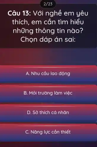 Câu 13: Với nghề em yêu
thích., em cần tìm hiểu
những thông tin nào?
Chọn dáp án sai:
A. Nhu cầu lao động
B. Môi trường làm việc
D. Sở thích cá nhân
C. Nǎng lực cần thiết