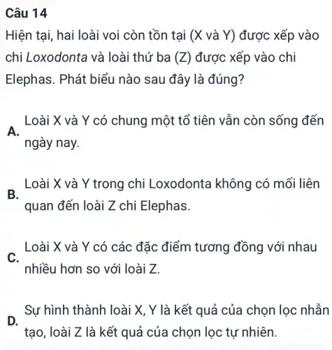 Câu 14
Hiện tại, hai loài voi còn tồn tại (X và Y) được : xếp vào
chi Loxodonta và loài thứ ba (Z)được xếp vào chi
Elephas. Phát biểu nào sau đây là đúng?
A.
Loài X và Y có chung một tổ tiên vẫn còn sống đến
ngày nay.
Loài X và Y trong chi Loxodonta không có mối liên
quan đến loài Z chi Elephas.
C.
Loài X và Y có các đặc điểm tương đồng với nhau
nhiều hơn so với loài Z.
Sự hình thành loài X, Y là kết quả của chọn lọc nhẫn
D.