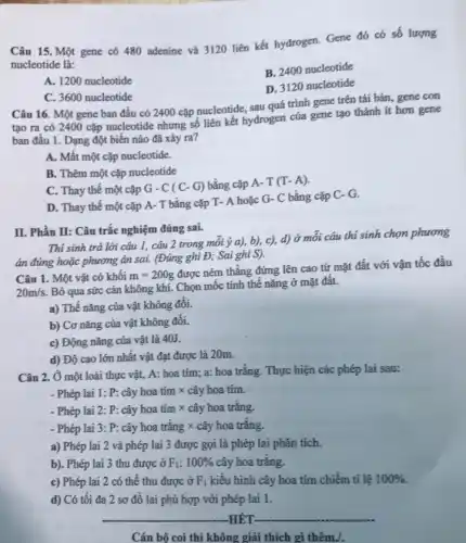 Câu 15. Một gene có 480 adenine và 3120 liên kết hydrogen.Gene đó có số lượng
nucleotide là:
A. 1200 nucleotide
B. 2400 nucleotide
D. 3120 nucleotide
C. 3600 nucleotide
Câu 16. Một gene ban đầu có 2400 cặp nucleotide, sau quá trình gene trên tái bản, gene con
tạo ra có 2400 cặp nucleotide nhưng số liên kết hydrogen của gene tạo thành ít hơn gene
ban đâu 1. Dạng đột biến nào đã xảy ra?
A. Mất một cặp nucleotide.
B. Thêm một cặp nucleotide
C. Thay thê một cặp G - C (C-G) bằng cặp A- T (T-A)
D. Thay thê một cặp A- T bằng cặp T- A hoặc G-C bằng cặp C.G.
II. Phần II: Câu trắc nghiệm đúng sai.
Thí sinh trả lời câu 1, câu 2 trong mỗi ý a), b),c), d) ở môi câu thí sinh chọn phương
án đúng hoặc phương án sai. (Đúng ghi Đ; Sai ghi S).
Câu 1. Một vật có khối m=200g
được ném thẳng đứng lên cao từ mặt đất với vận tốc đầu
20m/s
Bỏ qua sức cản không khí. Chọn mốc tính thế nǎng ở mặt đât.
a) Thế nǎng của vật không đôi.
b) Cơ nǎng của vật không đổi.
c) Động nǎng của vật là 40J.
d) Độ cao lớn nhất vật đạt được là 20m.
Câu 2. Ở một loài thực vật, A:hoa tím; a: hoa trắng. Thực hiện các phép lai sau:
- Phép lai 1: P:cây hoa tím x cây hoa tím.
- Phép lai 2: P:cây hoa tím x cây hoa trǎng.
- Phép lai 3: P:cây hoa trǎng x cây hoa trǎng.
a) Phép lai 2 và phép lai 3 được gọi là phép lai phân tích.
b). Phép lai 3 thu được ở F_(1):100%  cây hoa trǎng.
c) Phép lai 2 có thể thu được ở F_(1) kiểu hình cây hoa tím chiếm tỉ lệ 100% 
d) Có tối đa 2 sơ đồ lai phù hợp với phép lai 1.
__ HẾT. __
Cán bộ coi thi không giải thích gì thêm./.