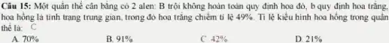 Câu 15: Một quần thể cân bằng có 2 alen: B trội không hoàn toàn quy định hoa đỏ, b quy định hoa trắng,
hoa hồng là tính trạng trung gian, trong đỏ hoa trắng chiếm tỉ lệ 49% . Tỉ lệ kiểu hình hoa hồng trong quần
thể là: C
A 70% 
B. 91% 
C. 42% 
D. 21%