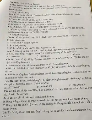 Câu 15: Số Nhật ký chung dùng để:
A. Phàn ánh các nghiệp vụ kinh tế phát sinh theo trình tự thời gian
B. Phản ánh các nghiệp vụ kinh tế phát sinh theo mối quan hệ đối ứng tài khoản (định
khoản kế toán)
C. Cả A và B đều đúng
Câu 16: Sổ tài sản cố định (Toàn doanh nghiệp) dùng để đǎng ký, theo dõi và quản lý
chặt chẽ tài sản trong đơn vị:
A. Từ khi mua sắm TSCĐ đến khi đưa vào sử dụng
B. Từ khi đưa vào sử dụng đến khi thanh lý TSCĐ
C. Từ khi mua sắm, đưa vào sử dụng đến khi ghi giảm TSCĐ
Câu 17: Để ghi "Sổ cái TK 211 -TSCĐHH" kế toán cǎn cứ vào:
A. Sổ nhật ký chung có các nghiệp vụ kinh tế phát sinh liên quan đến TK 211-TSCĐHH
B. Số dư cuối kỳ trước của TK 211- TSCĐHH
C. Cả A&B đều đúng
Câu 18: Số liệu ghi vào dòng "Số dư đầu kỳ này"trên số cái TK 152- Nguyên vật liệu,
kế toán cǎn cứ vào:
A. Các số chi tiết nguyên vật liệu
B. Sổ nhật ký chung
C. Số dư cuối kỳ trước của TK 152- Nguyên vật liệu
Câu 19: Trên sổ cái TK 152- NVL có số dư đầu kỳ là 800 triệu đồng, tổng phát sinh Nợ
là 1.200 triệu đồng, tổng phát sinh Có là 1.000 triệu đồng, số dư cuối kỳ là:
B. 1.000 triệu
C. 1.200 triệu
A. 2.000 triệu
Câu 20: Cơ sở số liệu để lập "Báo cáo tình hình tài chính"áp dụng cho DN đáp ứng giả
định hoạt động liên tục là:
A. Báo cáo tình hình tài chính nǎm trước và Sổ kế toán tổng hợp
B. Báo cáo tình hình tài chính nǎm trước và Sổ (thẻ)kế toán chi tiết hoặc Bảng tổng hợp
chi tiết
C. Sổ kế toán tổng hợp; Số (thẻ)kế toán chi tiết hoặc Bảng tổng hợp chi tiết và Báo cáo
tình hình tài chính nǎm trước
Câu 21: Trên "Sổ chi tiết bán hàng"- Chi tiết bán sản phẩm A, cột "Số lượng"là: 200SP,
đơn giá là: 120.000đ thì cột "Thành tiền" là:
B. 264.000 .000
C. 240.000 .000
A. 120 .000.000
Câu 22: Đề ghi số liệu vào "Bảng tính giá thành" cho từng loại sản phẩm dịch vụ tron
kỳ, kê toán cǎn cứ vào:
A. Sổ chi tiết chi phí sản xuất kinh doanh kỳ này
B. Bảng tính giá thành kỳ trước và số chi tiết chi phí sản xuất kinh doanh kỳ này
C. Bảng tính giá thành kỳ trước và các chứng từ liên quan đến chi phí sản xuất k
doanh kỳ này
Câu 23: "Giấy thanh toán tạm ứng" là bảng liệt kê các khoản tiền đã nhận tạm ứng,
cǎn cứ: