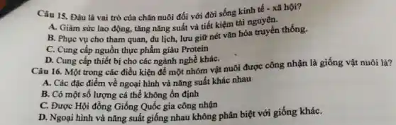 Câu 15. Đâu là vai trò của chǎn nuôi đối với đời sống kinh tế -xã hội?
A. Giảm sức lao động, tǎng nǎng suất và tiết kiệm tài nguyên.
B. Phục vụ cho tham quan, du lịch,lưu giữ nét vǎn hóa truyền thống.
C. Cung cấp nguồn thực phẩm giàu Protein
D. Cung cấp thiết bị cho các ngành nghề kháC.
Câu 16. Một trong các điều kiện để một nhóm vật nuôi được công nhận là giống vật nuôi là?
A. Các đặc điểm về ngoại hình và nǎng suất khác nhau
B. Có một số lượng cá thể không ổn định
C. Được Hội đồng Giống Quốc gia công nhận
D. Ngoại hình và nǎng suất giống nhau không phân biệt với giống kháC.