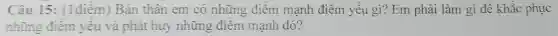 Câu 15:(1điểm) Bản thân em có những điểm mạnh điểm yếu gì? Em phải làm gì để khắc phục
những điêm yếu và phát huy những điểm manh đó?