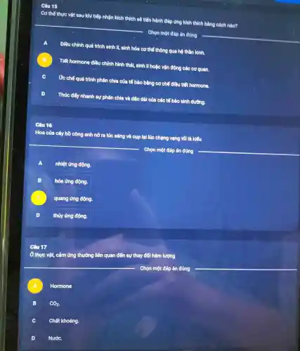 Câu 15
Cơ thể thực vật : sau khi tiếp nhận kích thích sẽ tiền hành đáp ứng kích thích bằng cách nào?
__
Chọn một đáp án đúng
A
Điều chỉnh quá trình sinh lí, sinh hóa cơ thể thông que hệ thần kinh.
B
Tiết hormone điều chỉnh hình thát, sinh lí hoặc vận động các cơ quan.
C
Ức chế quá trình phân chia của tế bào bằng cơ chế điều tiết hormone.
D
Thúc đẩy nhanh sự phân chia và dẫn dài của các tế bào sinh dường.
Câu 16
Hoa của cây bồ công anh nở ra lúc sáng và cụp lại lúc chạng vạng tối là kiểu
Chọn một đáp án đúng
A nhiệt ứng động.
B
hóa ứng động.
C quang ứng động.
thủy ứng động.
Ở thực vật
it, cảm ứng thường liên quan đến sự thay đổi hàm lượng
t, cảm ứng thương nên quan trình
__
Chọn một đáp án đúng
__
Hormone
B CO_(2)
C
Chất khoáng.
D Nước.