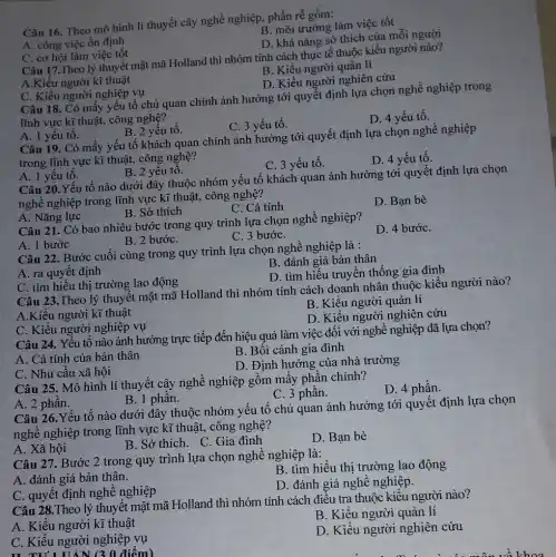 Câu 16. Theo mô hình lí thuyết cây nghề nghiệp, phần rễ gồm:
B. môi trường làm việc tốt
A. công việc ổn định
D. khả nǎng sở thích của mỗi người
C. cơ hội làm việc tốt
Câu 17.Theo lý thuyết mật mã Holland thì nhóm tính cách thực tế thuộc kiểu người nào?
B. Kiểu người quản lí
A.Kiểu người kĩ thuật
D. Kiều người nghiên cứu
C. Kiểu người nghiệp vụ
Câu 18. Có mấy yếu tố chủ quan chính ảnh hưởng tới quyết định lựa chọn nghề nghiệp trong
lĩnh vực kĩ thuật.công nghệ?
C. 3 yếu tố.
D. 4 yếu tố.
A. 1 yếu tố.
B. 2 yếu tố.
Câu 19. Có mấy yếu tố khách quan chính ảnh hưởng tới quyết định lựa chọn nghề nghiệp
trong lĩnh vực kĩ thuật, công nghệ?
C. 3 yếu tố.
D. 4 yếu tố.
A. 1 yếu tố.
B. 2 yếu tô.
Câu 20.Yếu tố nào dưới đây thuộc nhóm yếu tố khách quan ảnh hưởng tới quyết định lựa chọn
nghề nghiệp trong lĩnh vực kĩ thuật, công nghệ?
B. Sở thích
C. Cá tính
D. Bạn bè
A. Nǎng lực
Câu 21. Có bao nhiêu bước trong quy trình lựa chọn nghề nghiệp?
D. 4 bướC.
B. 2 bướC.
C. 3 bướC.
A. 1 bước
Câu 22. Bước cuối cùng trong quy trình lựa chọn nghề nghiệp là :
B. đánh giá bản thân
A. ra quyết định
D. tìm hiểu truyền thống gia đình
C. tìm hiểu thị trường lao động
Câu 23.Theo lý thuyết mật mã Holland thì nhóm tính cách doanh nhân thuộc kiểu người nào?
B. Kiểu người quản lí
A.Kiểu người kĩ thuật
D. Kiểu người nghiên cứu
C. Kiểu người nghiệp vụ
Câu 24. Yếu tố nào ảnh hưởng trực tiếp đến hiệu quả làm việc đối với nghề nghiệp đã lựa chọn?
A. Cá tính của bản thân
B. Bối cảnh gia đình
D. Định hướng của nhà trường
C. Nhu cầu xã hội
Câu 25. Mô hình lí thuyết cây nghề nghiệp gồm mấy phần chính?
D. 4 phần.
C. 3 phần.
A. 2 phần.
B. 1 phân.
Câu 26.Yếu tố nào dưới đây thuộc nhóm yếu tố chủ quan ảnh hưởng tới quyết định lựa chọn
nghề nghiệp trong lĩnh vực kĩ thuật, công nghệ?
A. Xã hội
B. Sở thích. C Gia đình
D. Bạn bè
Câu 27. Bước 2 trong quy trình lựa chọn nghề nghiệp là:
B. tìm hiểu thị trường lao động
A. đánh giá bản thân.
D. đánh giá nghề nghiệp.
C. quyết định nghề nghiệp
Câu 28.Theo lý thuyết mật mã Holland thì nhóm tính cách điều tra thuộc kiểu người nào?
A. Kiểu người kĩ thuật
B. Kiểu người quản lí
C. Kiểu người nghiệp vụ
D. Kiểu người nghiên cứu
0 điểm)
khoa