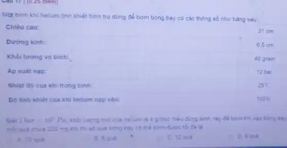 Câu 17 [0.25 diem)
Một bình khí helium tinh khiết hình trụ dùng để bơm bóng bay có các thông số như bảng sau:
Biết 1bar=10^5Pa khối lượng mol của helium là 4g/mol Nếu dùng bình này để bom khi vào bóng bay,
mỗi quả chứa 220 mg khi thi só quả bóng bay có thể bơm được tố đa là
A. 15 que
B. 6 quá
C. 12 quả