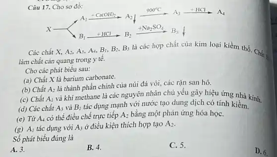 Câu 17. Cho sơ đồ:
Xxrightarrow (+1)ACl_(2)arrow ACl_(2)arrow A_(2)downarrow xrightarrow (+Na_(2)SO_(4))A_(3)xrightarrow (+BCl)A_(1)
Các chất X_(2),A_(2),A_(3),A_(4),B_(1),B_(2),B_(3) là các hợp chất của kim loại kiềm thổ. Chất =
làm chất càn quang trong y tê.
Cho các phát biểu sau:
(a) Chất X là barium carbonate.
(b) Chất
(c) Chất
A_(2)
là thành phần chính của núi đá vôi,các rặn san hô.
A_(1)
và khí methane là các nguyên nhân chủ yếu gây hiệu ứng nhà kinh.
(d) Các chất A_(3) và B_(1)
tác dụng mạnh với nước tạo dung dịch có tính kiềm.
(e) Từ A_(4) có thể điều chế trực tiếp A_(2) bằng một phản ứng hóa họC.
(g) A_(1) tác dụng với A_(3) ở điều kiện thích hợp tạo A_(2)
Số phát biểu đúng là
A. 3.
B. 4.
C. 5.
D. 6.