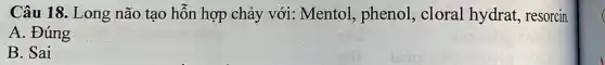 Câu 18. Long não tạo hỗn hợp chảy với: Mentol phenol, cloral hydrat, resorcin.
A. Đúng
B. Sai