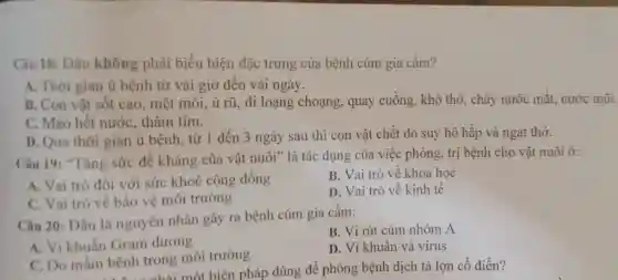 Câu 18: Đâu không phải biểu hiện đặc trưng của bệnh cúm gia cầm?
A. Thời gian ủ bệnh từ vài giờ đến vài ngày.
B. Con vật sốt cao, mẹt mỏi, ủ rũ, đi loạng choang, quay cuồng, khó thờ,chảy nước mắt,nước mũi.
C. Mào hết nước, thâm tím.
D. Qua thời gian ủ bệnh, từ 1 đến 3 ngày sau thì con vật chết do suy hô hấp và ngạt thở.
Câu 19: "Tǎng sức đề kháng của vật nuôi" là tác dụng của việc phòng, trị bệnh cho vật nuôi ở:
A. Vai trò đối với sức khoẻ cộng đồng
B. Vai trò về khoa học
C. Vai trò vê bảo vệ môi trường
D. Vai trò về kinh tế
Câu 20: Dâu là nguyên nhân gây ra bệnh cúm gia cầm:
B. Vi rút cúm nhóm A
A. Vi khuẩn Gram dương
C. Do mầm bênh trong môi trường
D. Vi khuẩn và virus
lầm bênh trong một biên pháp đúng để phòng bênh dịch tả lợn cổ điển?