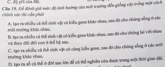 Câu 19. Để đánh giá mức độ ảnh hưởng của môi trường đến giống cây trồng một cách
chính xác thì cần phải
A. tạo ra nhiều cá thể sinh vật có kiểu gene khác nhau, sau đó cho chúng sống ở các
môi trường khác nhau.
B. tạo ra nhiều cá thể sinh vật có kiểu gene khác nhau, sau đó cho chúng lai với nhau
và theo dõi đời con ở thế hệ sau.
C. tạo ra nhiều cá thể sinh vật có cùng kiểu gene sau đó cho chúng sống ở các môi
trường khác nhau.
D. tạo ra số cá thể ở đời sau lớn để có thể nghiên cứu được trong một thời gian dài.
C. độ pH của đât.