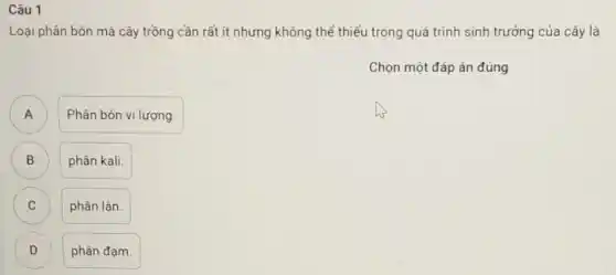 Câu 1
Loại phân bón mà cây trồng cần rất ít nhưng không thể thiếu trong quá trình sinh trưởng của cây là
Chọn một đáp án đúng
A
Phân bón vi lượng.
B phân kali. B
C phân lân. C
D ) phân đạm.