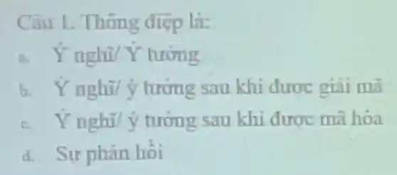 Câu 1.Thong diep là:
a. Y nghĩ Y tương
b. Y nghĩ/ý tương sau khi được giai ma
c. Ýnghil ý tướng sau khi được mã hóa
d. Sur phân hồi