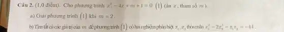 Câu 2. (1 ,0 điểm). Cho phương trình x_(l)^2-4x_(l)+m+1=0 (1) (ẩn x, tham số m ).
a) Giải phương trình (1) khi m=2
b) Tìm tất cả các giá trị của m đề phương trình (1) có hai nghiệm phân biệt x_(1),x_(2) thỏa mãn x_(1)^2-2x_(2)^2-x_(1)x_(2)=-44