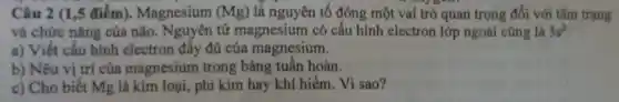 Câu 2 (1,5 điểm).Magnesium (Mg) là nguyên tố đóng một vai trò quan trọng đối với tâm trạng
và chức nǎng của não . Nguyên tử magnesium có cấu hình electron lớp ngoài cùng là 3s^2
a) Viết cấu hinh electron đầy đủ của magnesium.
b) Nêu vị trí của magnesium trong bảng tuần hoàn.
c) Cho biết Mg là kim loại , phi kim hay khí hiếm. Vì sao?