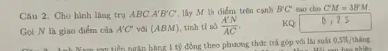 Câu 2. Cho hình lǎng trụ ABC. A'B'C' lấy M là điểm trên cạnh
B'C' sao cho C'M=3B'M
Gọi N là giao điểm của A'C' với (ABM) tính tỉ số (A'N)/(AC)
KQ: square 
Nam vay tiền ngân hàng 1 tỷ đồng theo phương thức trả góp với lãi suất
0,5% /thacute (hat (a))ng
Hỏi sau bao nhiêu