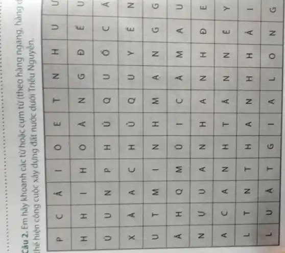 Câu 2. Em hãy khoanh các từ hoặc cưm từ (theo hàng ngang, hàng thể hiện công cuộc xây dựng đất nước dưới Triểu Nguyển.

 P & C & A & I & O & E & T & N & H & U & U 
 H & H & I & H & O & A & N & G & Đ & É & U 
 U & U & N & P & H & U & Q & U & O & C & A 
 X & A & A & C & H & U & Q & U & Y & É & N 
 U & T & M & I & N & H & M & A & N & G & G 
 A & H & Q & M & O & I & C & A & M & A & U 
 N & U & U & A & N & H & A & N & H & D & E 
 A & C & A & N & H & T & A & N & N & E & Y 
 L & T & N & T & H & A & N & H & H & A & I 
 L & U & A & T & G & I & A & L & O & N & G