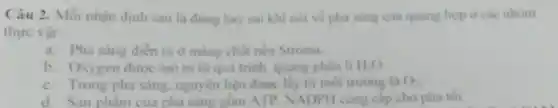 Câu 2. Mồi nhận định sau là đúng hay sai khi nói về pha sang cua quang hợp ở các nhóm
thực vật
a. Pha sáng dien ra ở màng chất nèn Stroma.
b. Oxygen duroc tạo ra từ quá trinh quang phân li HO
c. Trong pha sáng, nguyên liệu được lấy từ môi trung là O_(3)
d Sàn nhằm của pha sáng gồm ATP. NADPY cung cấp cho pha tối