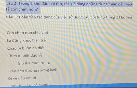 Câu 2: Trong 2 khổ đầu bài thơ, tác giả dùng những từ ngữ nào để miêu
tả con chim non?
Câu 3: Phân tích tác dụng của việc sử dụng câu hỏi tu từ trong 2 khổ sau
Con chim non chiu chít
Lá động khóc tràn trề
Chao ôi buồn da diết
Chim ơi biết đâu vẽ.
Gió lùa mưa rơi rơi
Trên néo đường sương lanh
Đi về đâu em ơi
Phơi thân tàn có cuanh!