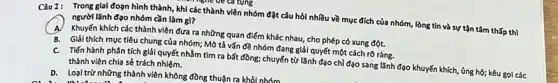 Câu 2: Trong giai đoạn hình thành, khi các thành viên nhóm đặt câu hỏi nhiều về mục đích của nhóm,lòng tin và sự tận tâm thấp thì
nghe be ca tụng
người lãnh đạo nhóm cần làm gì?
A
Khuyến khích các thành viên đưa ra những quan điểm khác nhau,cho phép có xung đột.
B.
Giải thích mục tiêu chung của nhóm; Mô tả vấn đề nhóm đang giải quyết một cách rõ ràng.
C. Tiến hành phân tích giải quyết nhằm tìm ra bất đồng; chuyến từ lãnh đạo chỉ đạo sang lãnh đạo khuyến khích, ủng hộ;kêu gọi các thành viên chia sẻ trách nhiệm.
D. Loại trừ những thành viên không đồng thuận ra khỏi nhóm