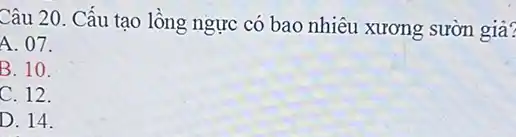 Câu 20. Cấu tạo lồng ngực có bao nhiêu xương sườn giả?
A. 07.
B. 10.
C. 12.
D. 14.