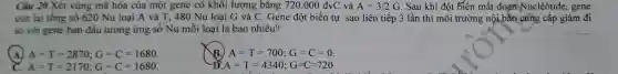 Câu 20.Xét vùng mã hóa của một gene có khối lượng bǎng 720.000 đvC và A=3/2G . Sau khi đột biến mất đoạn Nucl eôtide, gene
còn lại tổng số 620 Nu loại A và T, 480 Nu loại G và C . Gene đột biến tự sao liên tiếp 3 lần thì môi trường nội bào cung cấp giảm đi
so với gene ban đầu tương ứng số Nu mỗi loại là bao nhiêu?	__
A=T=2870;G=C=1680
A=T=700;G=C=0
A=T=2170;G=C=1680
A=T=4340;G=C=720