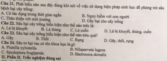 Câu 21. Phát biểu nào sau đây đúng khi nói về việc sử dụng biện pháp sinh học để phòng trừ sâu
bệnh hại cây trồng:
A. Có tác dụng trong thời gian ngắn
B. Nguy hiểm với con người
C. Thân thiện với môi trường
D. Gây hại cho cây trồng
Câu 22. Sâu hại cây trồng biểu hiện như thế nào trên lá:
A. Lá bị khuyết
B. Lá thùng
C. Lá cuốn
D. Lá bị khuyết thủng, cuốn
Câu 23. Sâu hại cây trồng biểu hiện như thế nào trên quả?
A. Gãy
B. Thối
C. Rung
D. Gãy, thối, rụng
Câu 24. Sâu tơ hại rau có tên khoa học là gì:
A. Plutella xylostella
B. Nilaparvata lugens
C. Spodoptera frugiperda
D. Bactrocera dorsalis
II. Phần II. Trắc nghiệm đúng sai