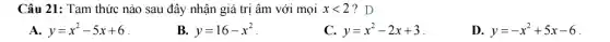 Câu 21: Tam thức nào sau đây nhận giá trị âm với mọi xlt 2 ?D
A. y=x^2-5x+6
B. y=16-x^2
C. y=x^2-2x+3
D. y=-x^2+5x-6