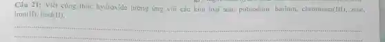 Câu 21: Viết công thức hydroxide tương ứng với các kim loại sau: potassium.barium, chromium(III)zinc.
iron(II), lead(II)
__