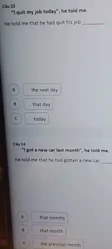 Câu 23
"I quit my job today", he told me.
He told me that he had quit his job __
the next day
B
that day
C c
today
Câu 24
"I got a new car last month", he told me.
He told me that he had gotten a new car __
A
that months
B B
that month
C
the previous month