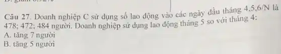 Câu 27. Doanh nghiệp C sử dụng sô lao động vào các ngày đầu tháng
4,5,6/N là
478:472; 484 người . Doanh nghiệp sử dụng lao động tháng 5 so với tháng 4:
A. tǎng 7 người
B. tǎng 5 người