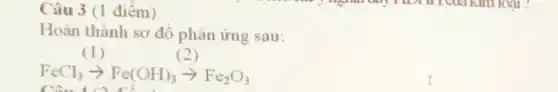 Câu 3 (1 điểm )
Hoàn thành sơ đồ phản ứng sau:
(1)
FeCl_(3)arrow Fe(OH)_(3)arrow Fe_(2)O_(3)