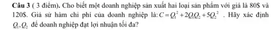Câu 3 ( 3 điểm). Cho biết một doanh nghiệp sản xuất hai loại sản phẩm với giá là 80  và
120  . Giả sử hàm chi phí của doanh nghiệp là: C=Q_(1)^2+2Q_(1)Q_(2)+5Q_(2)^2 . Hãy xác định
Q_(1),Q_(2) để doanh nghiệp đạt lợi nhuận tối đa?