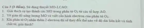 Câu 3 (3 điểm). Sử dụng thuyết MO -LCAO:
1. Giai thich sự tạo thành các MO trong phân tử O_(2) từ các tô hợp AO.
2. Vẽ giản đồ nǎng lượng MO và viết cấu hình electron của phân tử O_(2)
3. Khi phân từ O_(2) nhận thêm 2 electron thì sẽ thay đổi thế nào về độ dài liên kết và tính
chât từ, giải thích?