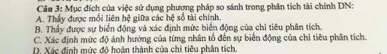 Câu 3: Mục đích của việc sử dụng phương pháp so sánh trong phân tích tài chính DN:
A. Thấy được mối liên hệ giữa các hệ số tài chính.
B. Thầy được sự biến động và xác định mức biến động của chi tiêu phân tích.
C. Xác định mức độ ảnh hưởng của từng nhân tố đến sự biến động của chỉ tiêu phân tích.
D. Xác đinh mức độ hoàn thành của chi tiêu phân tích.