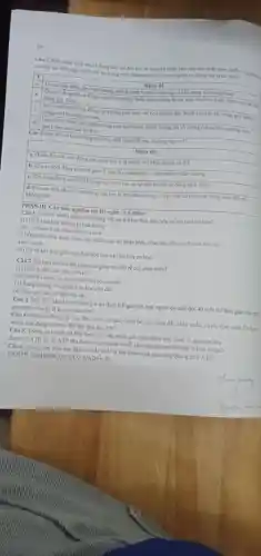 Câu 3. Moi nhạn định sau là đùng hay sai khi nói về nguyên nhân làm cho xác suất xám nhiễm và gly be
của các tác nhân gây bệnh tồn tại trong môi trường tự nhiên trên người và động vật là rắt nhỏ?
Y
Mệnh đề
a. Do các tác nhân gáy bệnh trong môi trường tự nhiên không có khả nǎng th hich nghi cao.
b.
Do cơ thể người và động vật có khả nǎng miền dịch chống lại sự xâm nhiễm và gây bệnh của các tác
nhân gây bệnh.
c.
Do cơ thể người và động vật không phù hợp với con đường gây bệnh của các tác nhàn gây bình
trong môi trường tự nhiên.
d.
Do các tác nhân gây bệnh trong môi trường tự nhiên không đủ số lượng (chưa đạt ngường vuryt
tầm kiểm soát của cơ the).
Câu 4. Khi nói về hoạt động của tìm, mỗi mệnh đề sau là đúng hay sai?
Mệnh đề
a. Ở hầu hết các loài động vật.nhịp tim tile thuận với khối lượng cơ thể.
b. Chu kì hoạt động của tìm gồm 3 pha là co tâm nhĩ, co tâm thất và dân chung.
c. Tim hoạt động suốt đời không mỏi vi ở tìm có hệ dẫn truyền tự động phát nhịp.
d. Do một nửa chu kì hoạt động của tim là pha dân chung, vì vậy tìm có thể hoạt động suốt đời mà
không mỏi.
PHANIII. Câu trắc nghiệm trả lời ngắn (1,5 điểm)
Câu 1. Có bao nhiêu nhận định đúng với ưu thế của ống tiêu hóa so với túi tiêu hóa?
(1) Dịch tiêu hóa không bị hòa loãng
(2) Có nhiều hình thực tiêu hóa hơn.
(3) Ông tiêu hóa được phân hóa thành các bộ phận khác nhau tao cho sự chuyên hóa về
chức nǎng
(4) Có sự kết hợp giữa tiêu hóa hóa học và tiêu hóa cơ học.
Câu 2. Có bao nhiêu biên pháp sau giúp cho bộ rê cây phát triển?
(1) Phoi ài đất,cày sâu, bừa kĩ.
(2) Tưới đủ nước và bón phân hữu cơ cho đất.
(3) Tǎng cường bón phân hóa học cho đất
(4) Vun gốc và xới đất cho cây.
Câu 3. Nếu mỗi chu kì tim luôn giữ ổn định 0,8 giây thì một người có tuổi đời 40 tuổi thì thời gian tim nghi
pha giãn chung) là bao nhiêu nǎm?
Câu 4. Cho các động vật sau đây:lươn, cá heo, chim bổ câu, giun đất,châu chấu, cá rô,tôm, nuồi. Có bao
nhiêu loài động vật trao đổi khi qua ống khi?
Câu 5. Trong quá trình hô hấp thực vật, nếu phân giải hoàn toàn một phân từ glucose thu
được 32 ATP thì số ATP thu được ở giai đoạn chuỗi chuyển electron hô hấp là bao nhiêu?
Câu 6. Trong các chất sau đây co mấy chất là sản phẩm của pha sáng quang hợp ATP,
NADPH,C6H12O6,O2,CO2,NADP+,P